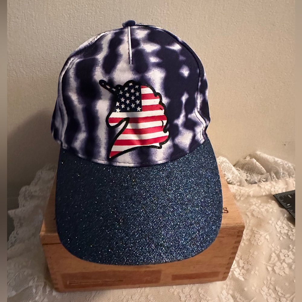 Justice Hat Girls One Size Blue Tie Dye American Flag Unicorn Glitter